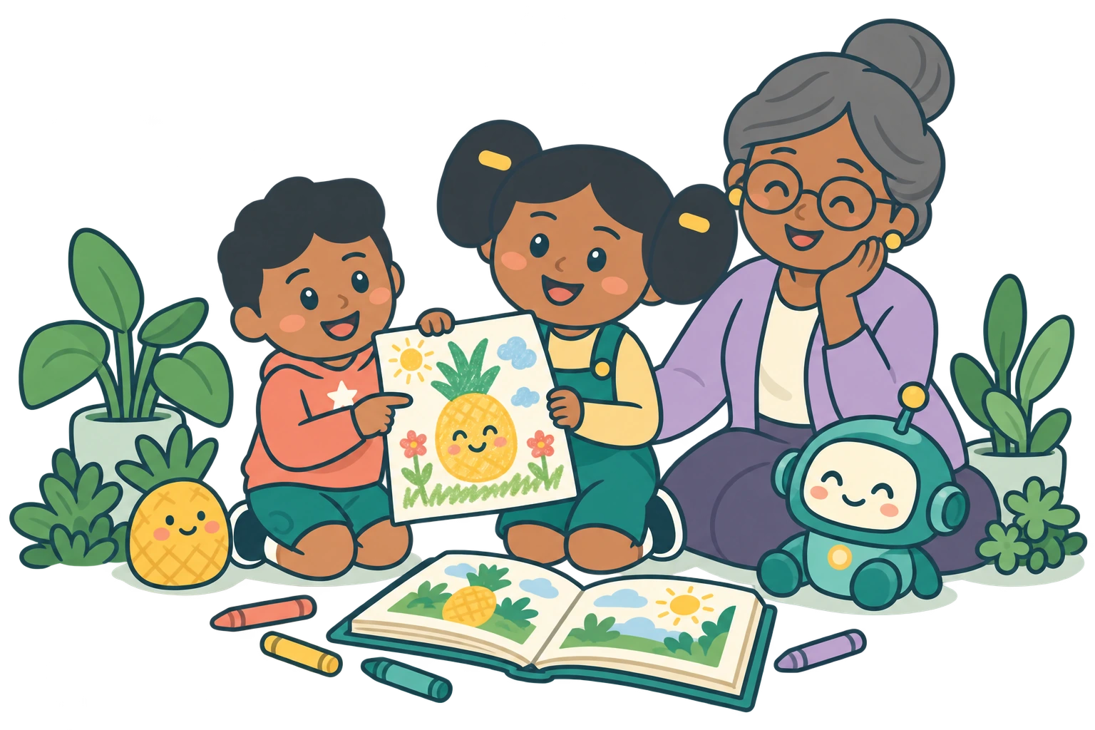 Incy and Vincy share a drawing with Nana, beside Pip and an open storybook.